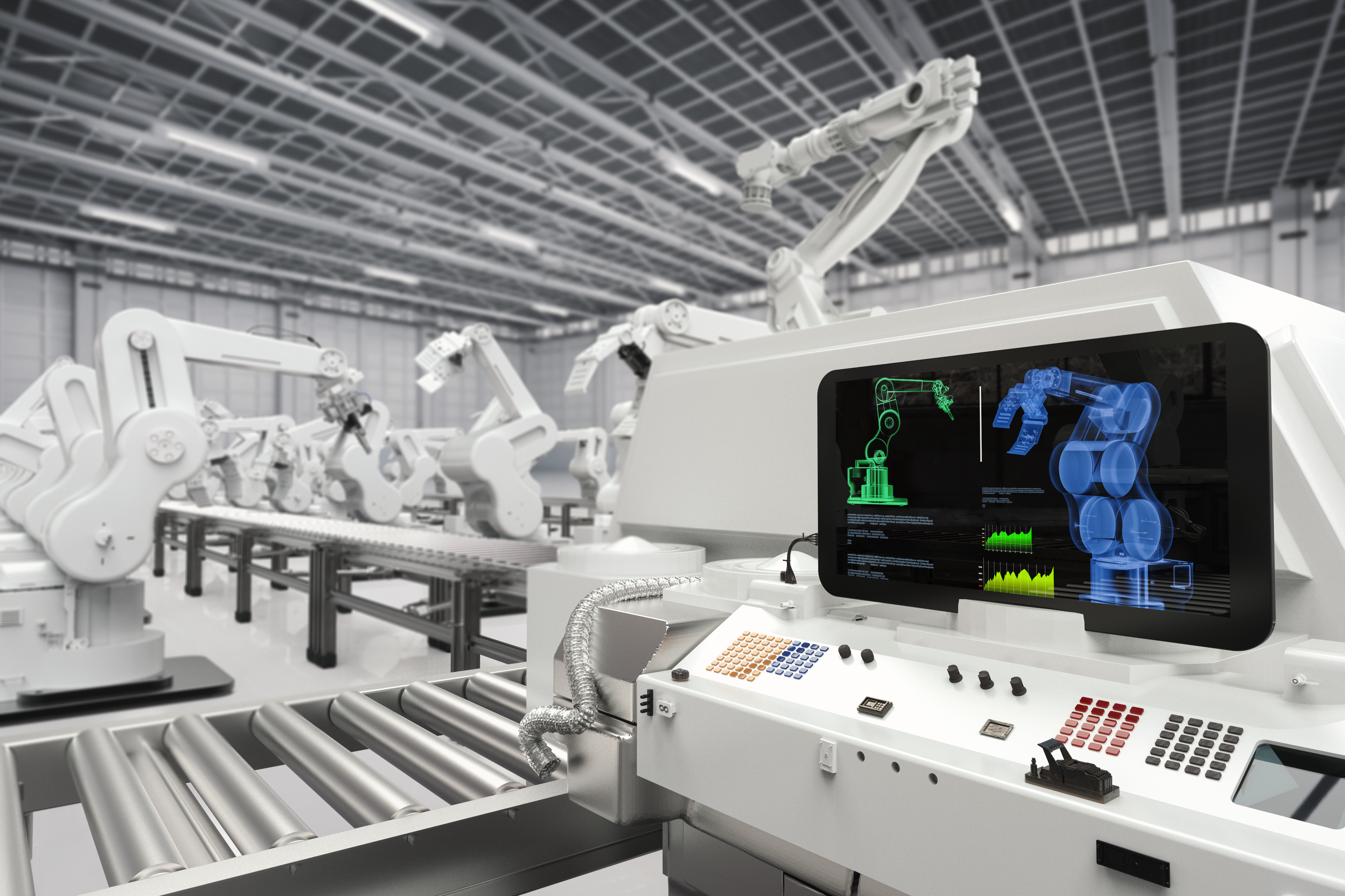 automation industry with 3d rendering monitor screen with robotic arms