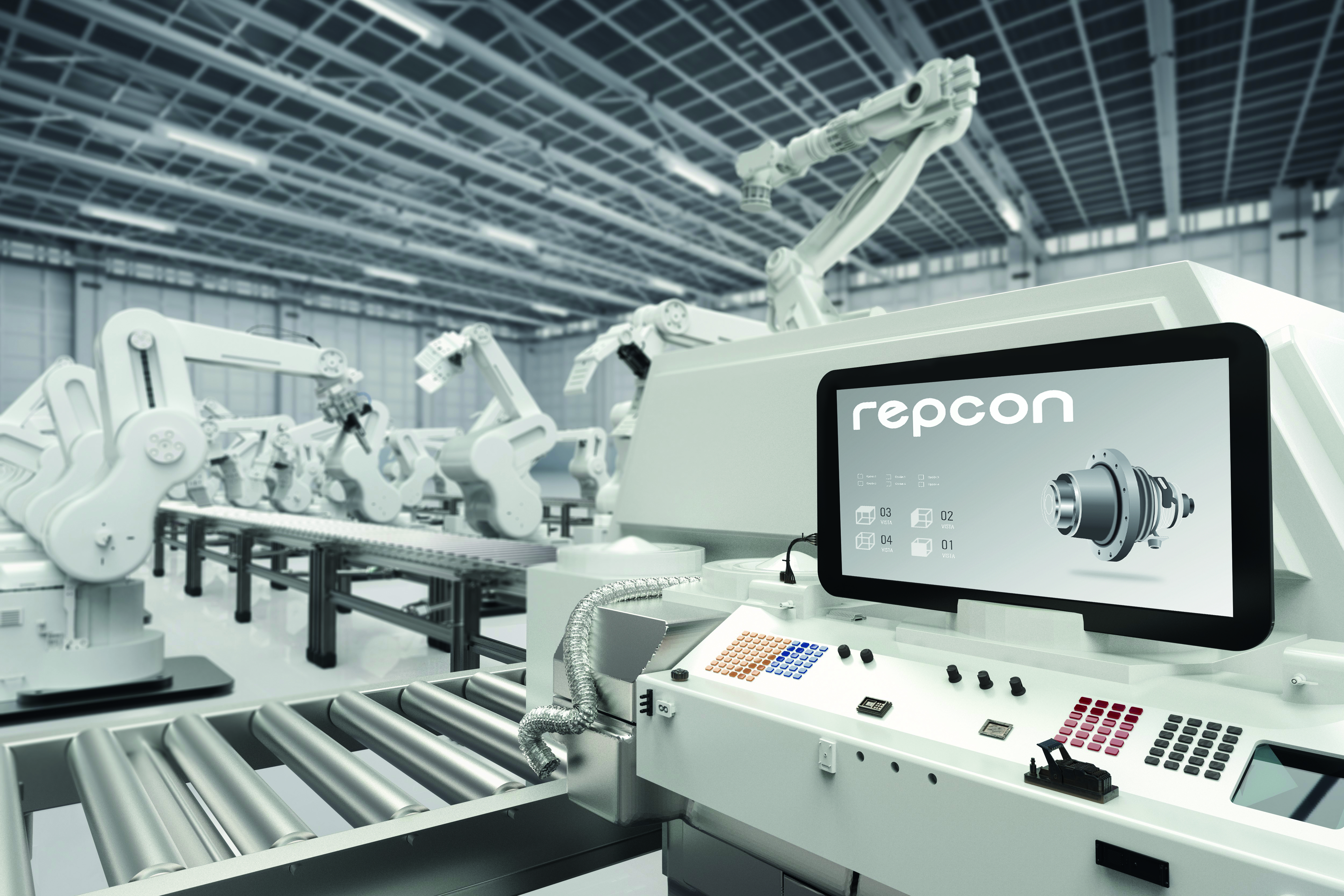 automation industry with 3d rendering monitor screen with robotic arms