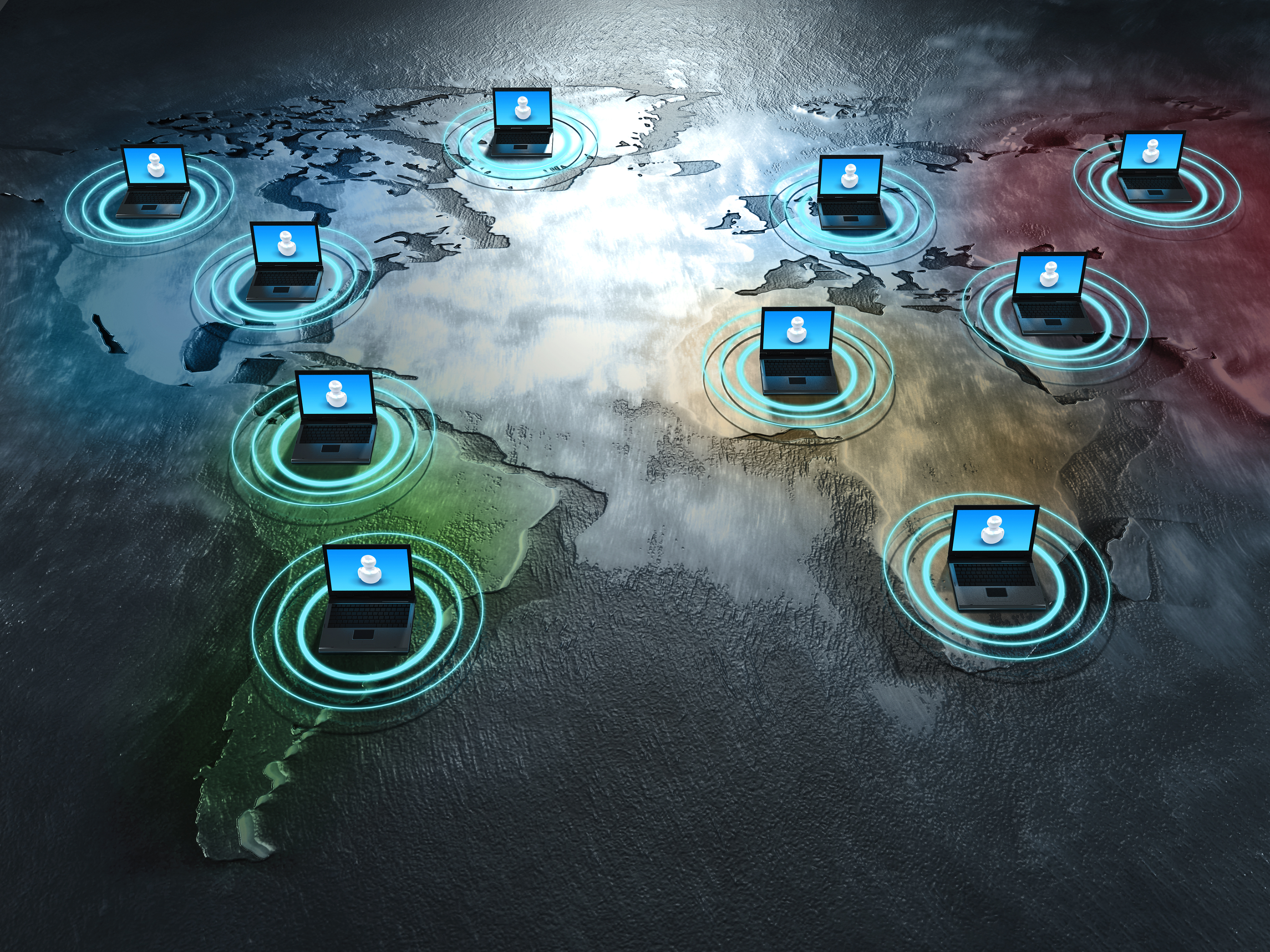 Abstrat global network image with laptop computers and a metallic world map. High resolution 3D rendering.Diffuse and bump maps for the world map are prepared via tracing images from www.nasa.gov in vector design software.Similar images: